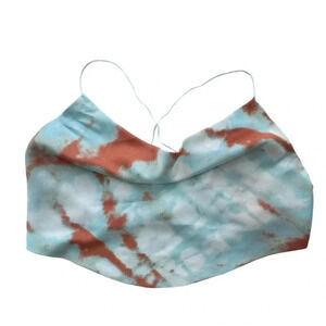 White Fox satin Blue and orange tie dye backless crop top with a cow neck.